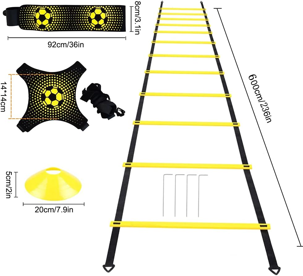 Football Training Equipment for Kids, Speed Agility Training Set, Agility Ladder 12 Rung 6M, Football Kick Trainer, 12 Disc Cones, Football Training Kit Gifts for Boys