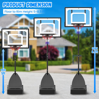 Basketball Hoop with Basketball for Kids Adults 33", Adjustable Height 5-8.5' Portable Pool Basketball Goal Outdoor Indoor